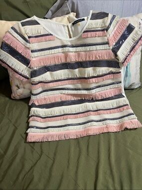 Lulumari Pink White Navy Striped Fringe Short Sleeve Top
